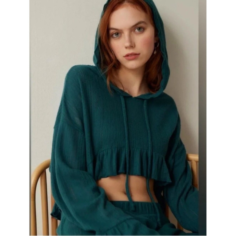 Out From Under Teal Pointelle Ruffle Cropped Hoodie Bell Sleeve Top
